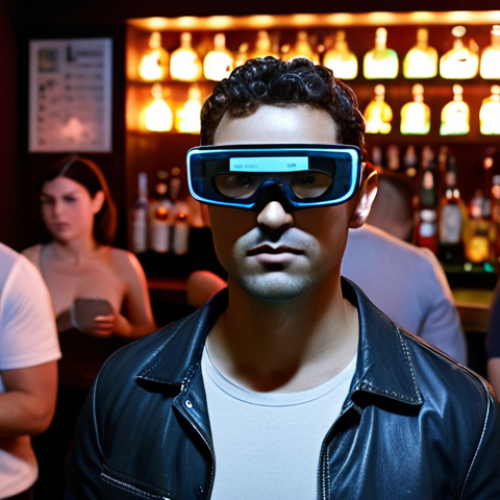 **Prompt:** A person wearing augmented reality glasses, standing in a realistic virtual simulation of a crowded bar. The AR interface shows calming biofeedback data overlaid on the scene. Soft, diffused lighting, focus on the user's calm but determined expression. Spanish bar setting.