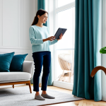 A professional woman in her late 20s, wearing modest, casual clothing, stands in a bright, modern living room. She is holding a tablet, and on its screen, a high-quality 3D augmented reality projection of a stylish, contemporary armchair is perfectly overlaid onto the real room, showing how it would look in the space. The room is tidy and well-decorated, with natural light coming through a large window. The woman has a focused yet pleased expression, indicating she's making an informed decision. Perfect anatomy, correct proportions, natural pose, well-formed hands, proper finger count, natural body proportions, safe for work, appropriate content, fully clothed, family-friendly, professional photography, realistic lighting, highly detailed.
