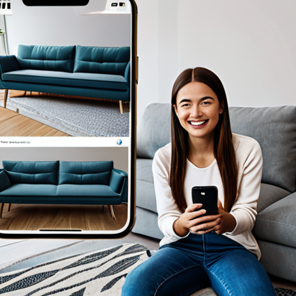**

"A modern living room with a virtual 3D sofa superimposed via augmented reality app on a smartphone screen. The woman is smiling, fully clothed in casual clothing, showcasing the ease of visualizing furniture before buying. Safe for work, appropriate content, modest home setting, professional photography, perfect anatomy, natural proportions."

**
