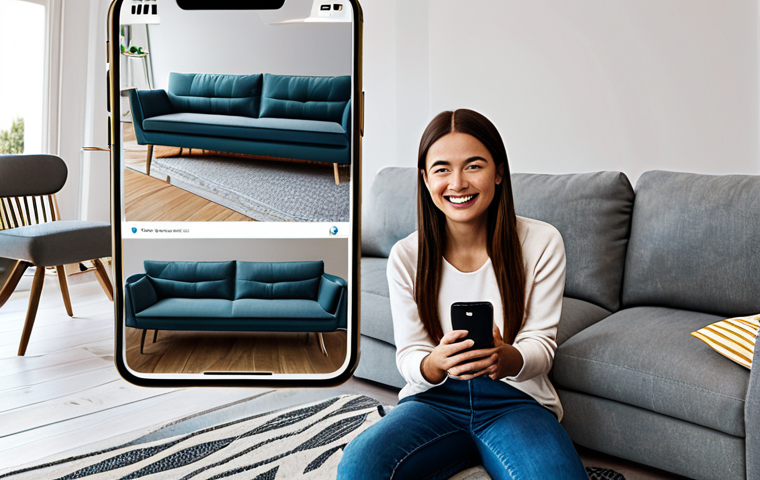 **

"A modern living room with a virtual 3D sofa superimposed via augmented reality app on a smartphone screen. The woman is smiling, fully clothed in casual clothing, showcasing the ease of visualizing furniture before buying. Safe for work, appropriate content, modest home setting, professional photography, perfect anatomy, natural proportions."

**
