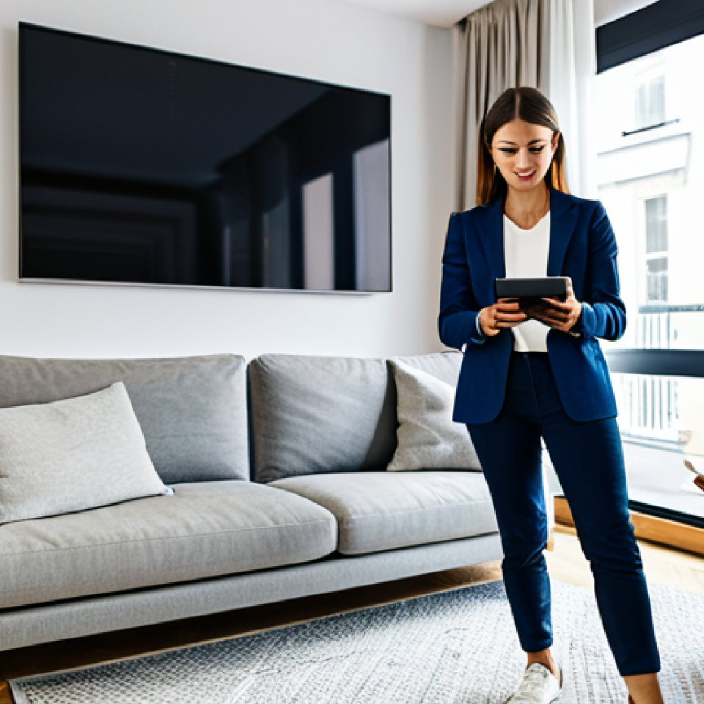 Augmented Reality Furniture Shopping**

A woman in a living room, holding a tablet displaying an augmented reality view of a sofa in her space, fully clothed, modest casual attire, bright and modern apartment interior, safe for work, perfect anatomy, natural proportions, professional lifestyle photography.

**