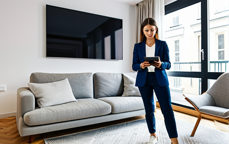 Augmented Reality Furniture Shopping**

A woman in a living room, holding a tablet displaying an augmented reality view of a sofa in her space, fully clothed, modest casual attire, bright and modern apartment interior, safe for work, perfect anatomy, natural proportions, professional lifestyle photography.

**