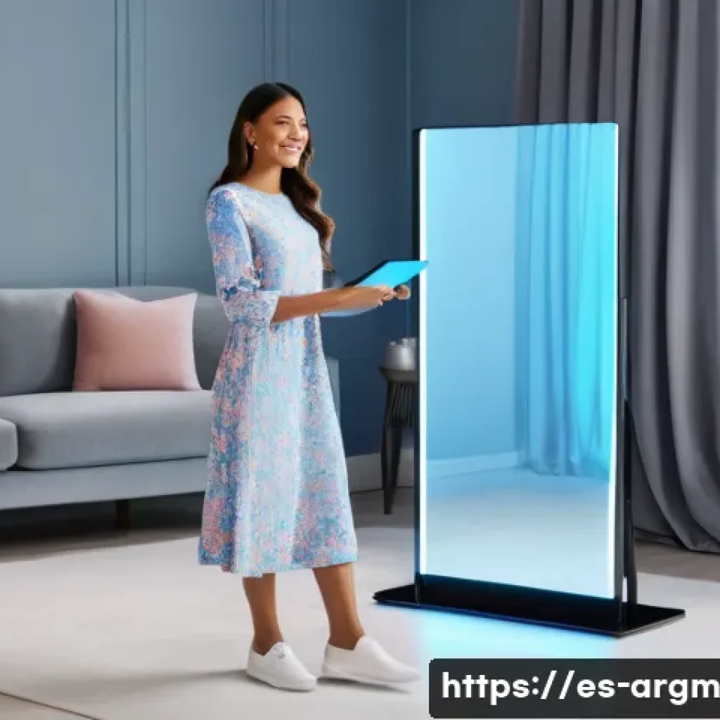 증강현실을 활용한 패션 산업 혁신 - Virtual Wardrobe Experience**

A stylish young woman, diverse ethnicity, in a brightly lit, modern l...