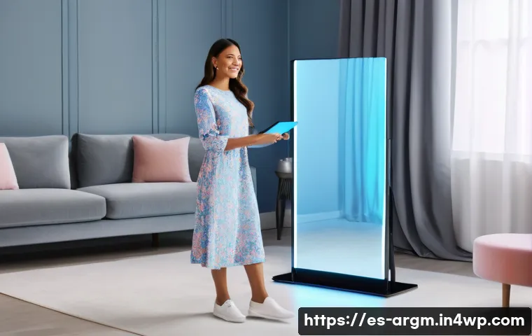 증강현실을 활용한 패션 산업 혁신 - Virtual Wardrobe Experience**

A stylish young woman, diverse ethnicity, in a brightly lit, modern l...