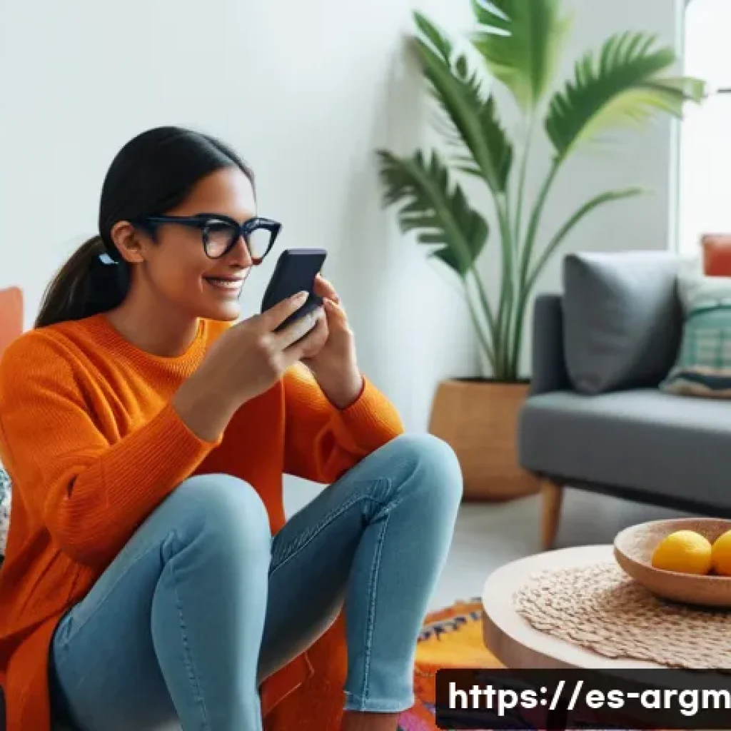 증강현실 기반의 광고 캠페인 분석 - A young Hispanic woman using augmented reality on her smartphone in a cozy modern living room in Mex...