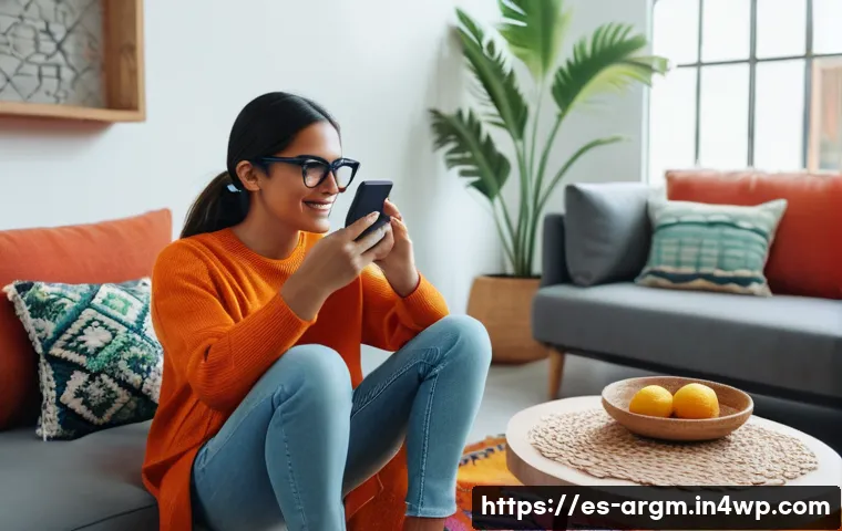 증강현실 기반의 광고 캠페인 분석 - A young Hispanic woman using augmented reality on her smartphone in a cozy modern living room in Mex...