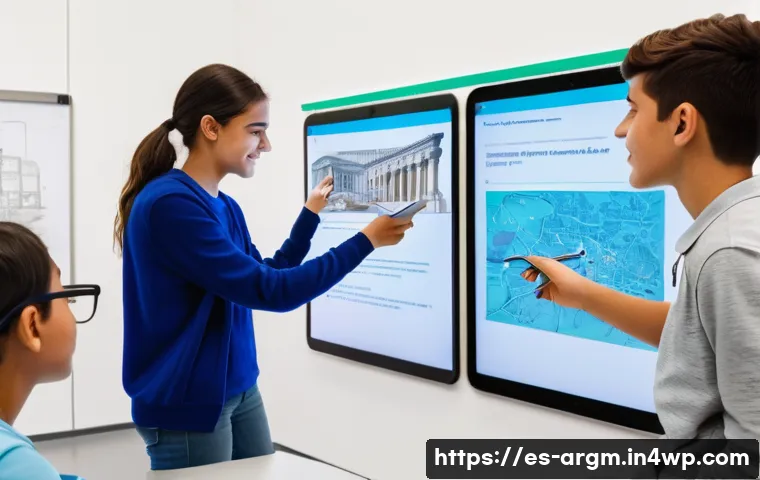 증강현실 기술의 응용 분야와 시장 전망 - A modern classroom scene in a Spanish high school where diverse students engage with augmented reali...