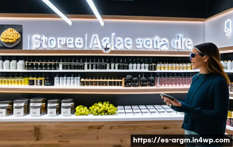 증강현실과 빅데이터의 통합 사례 - A modern retail store interior in Spain featuring customers using augmented reality glasses to recei...