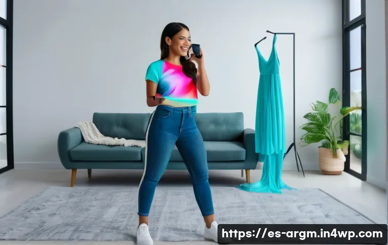 일상에서의 증강현실 활용 사례 - A young Hispanic woman standing in a modern living room, using a smartphone to virtually try on colo...