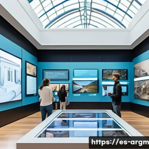 Home 30 증강현실 기술의 심리적 효과 연구 - A modern museum interior filled with visitors interacting with augmented reality displays. The scene...