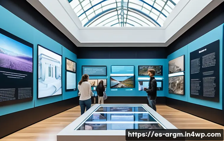 증강현실 기술의 심리적 효과 연구 - A modern museum interior filled with visitors interacting with augmented reality displays. The scene...
