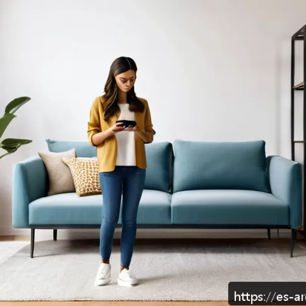 증강현실 기술의 소비자 행동 변화 - A modern living room scene with a young Hispanic woman using a smartphone to visualize augmented rea...