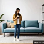 Home 23 증강현실 기술의 소비자 행동 변화 - A modern living room scene with a young Hispanic woman using a smartphone to visualize augmented rea...