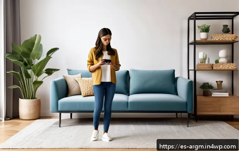 증강현실 기술의 소비자 행동 변화 - A modern living room scene with a young Hispanic woman using a smartphone to visualize augmented rea...
