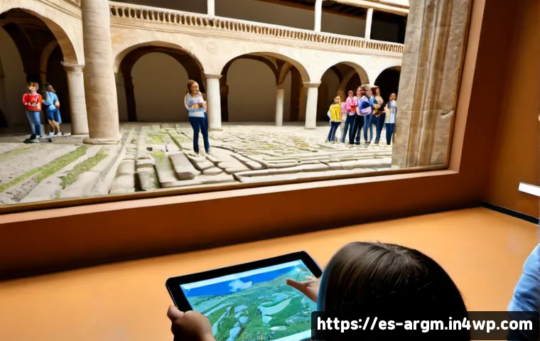 증강현실을 통한 문화재 교육 방법 - Photorealistic cultural heritage education scene in a historic Spanish museum, diverse middle school...