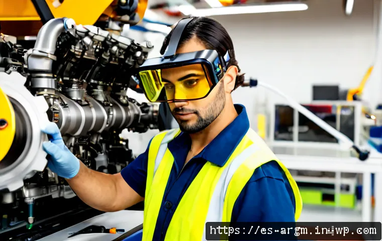 증강현실이 제조업에 미치는 영향 - Photorealistic Spanish automotive manufacturing plant, a factory technician wearing safety glasses a...